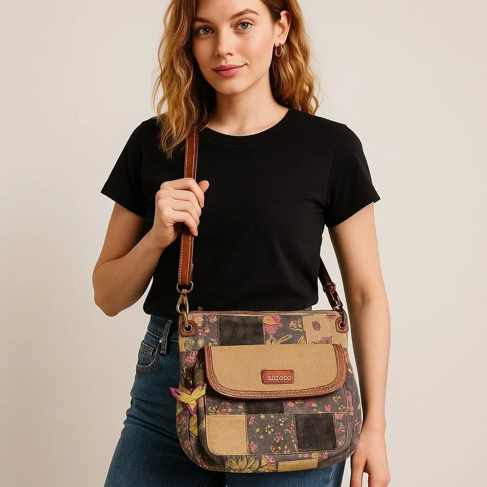 🌿 Sakroots Patchwork Canvas & Leather Crossbody - Picture 1 of 15